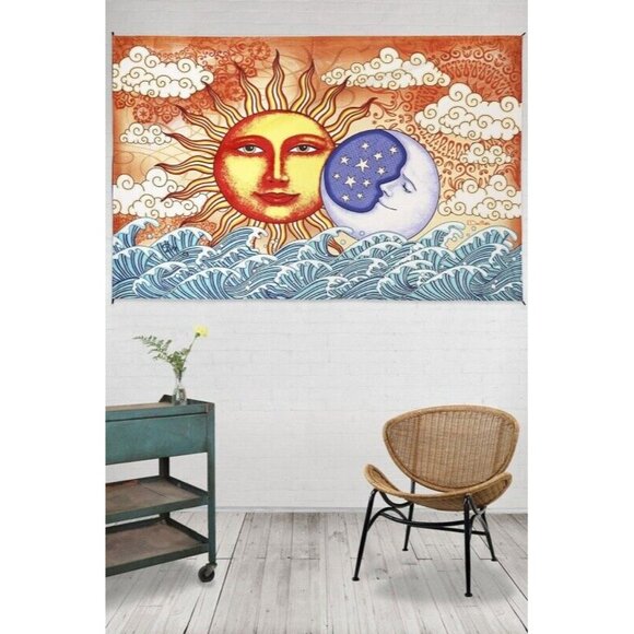 New Sun Moon and Ocean Tapestry Wall Hanging Art Gift 90x60 Celestial Clouds NIP - Picture 2 of 4